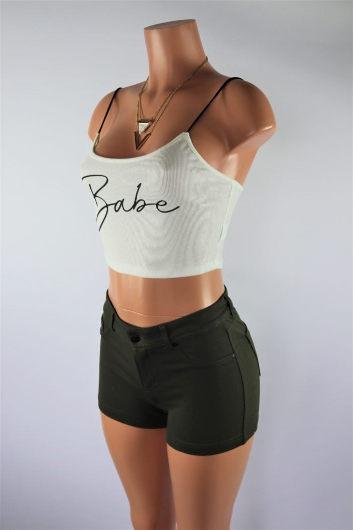Tiffany Shorts - Mid Rise olive green charcoal stretchy booty shorts.