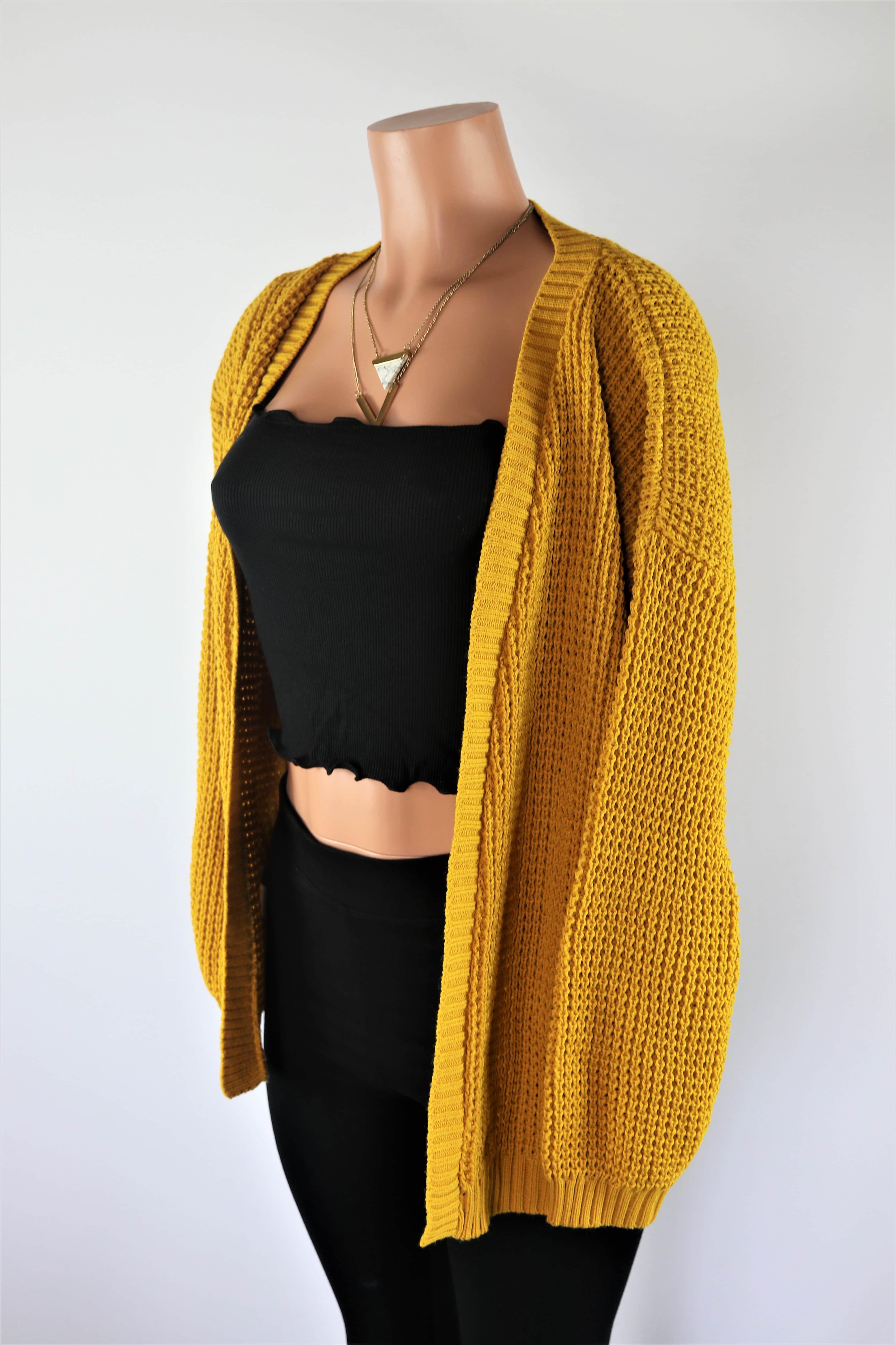 Gold Plated Cardigan Mustard Yellow Long Sleeve Knit Cardigan 