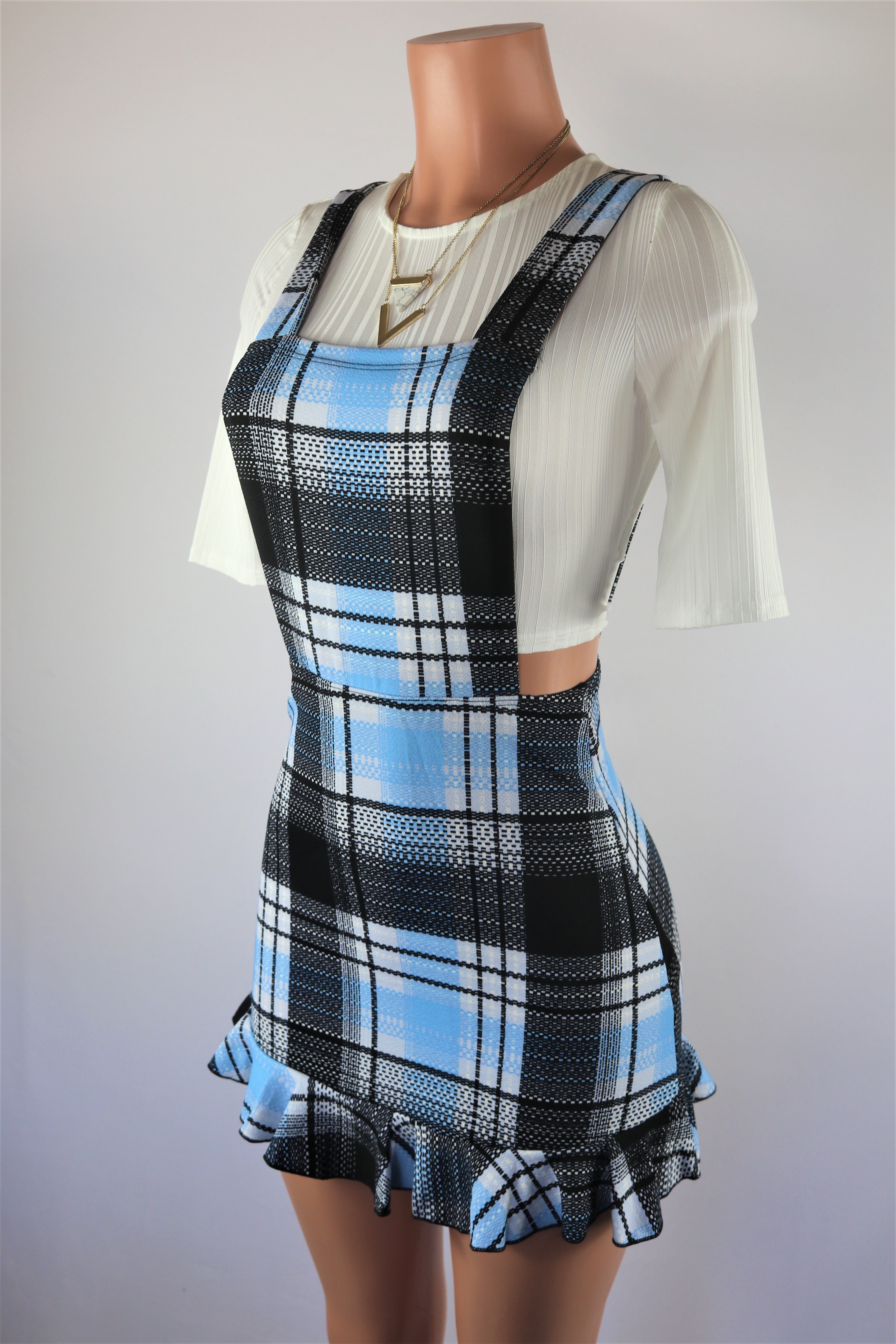Tonie Plaid Overall Dress Set Pink Blue Suspender Dress White Crop Top 