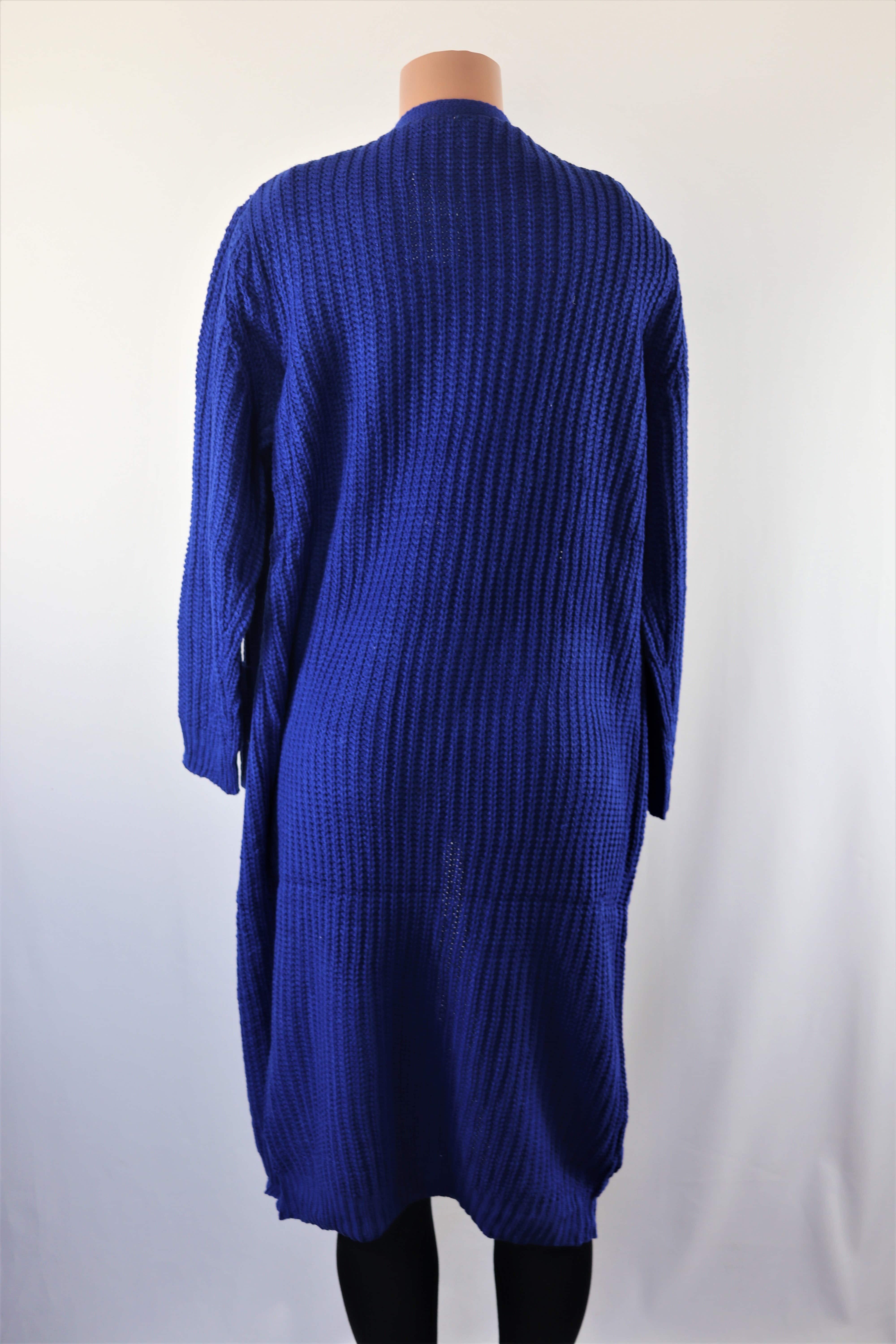 Blue Duster - Blue long sleeve knitted cardigan duster with pocket detail.