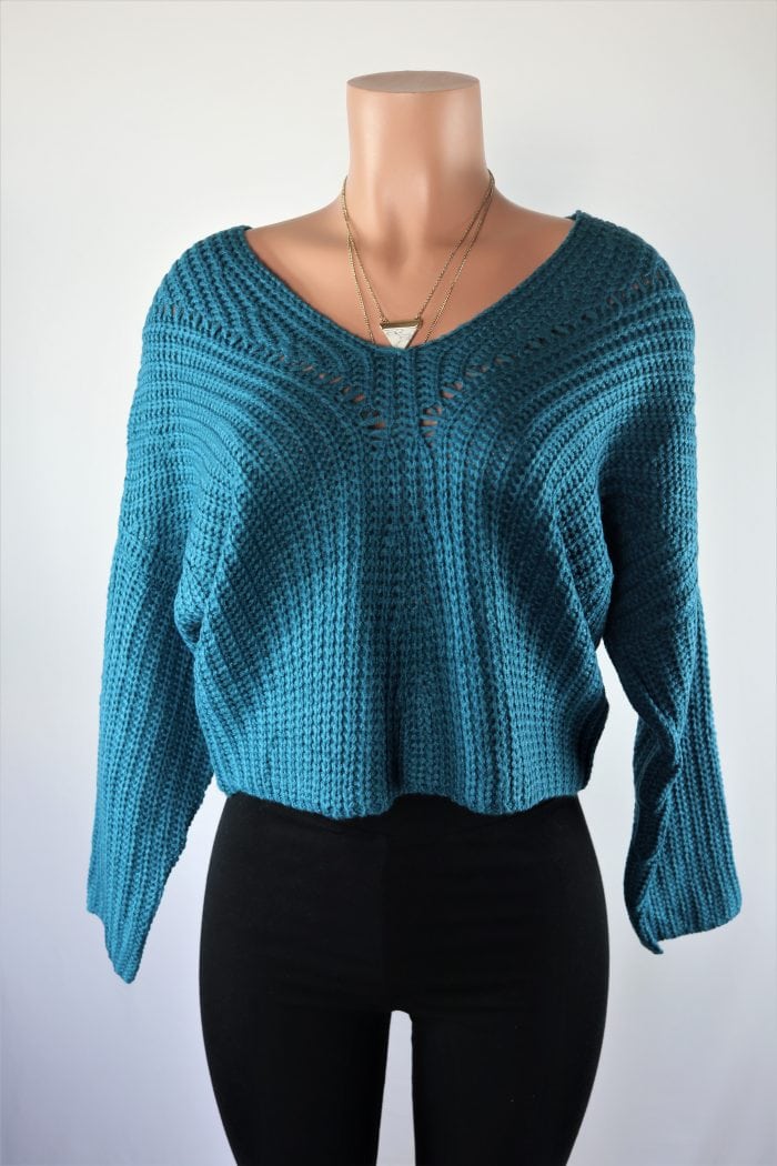 Teal Sweater - Teal V neck lace up back crop sweater.