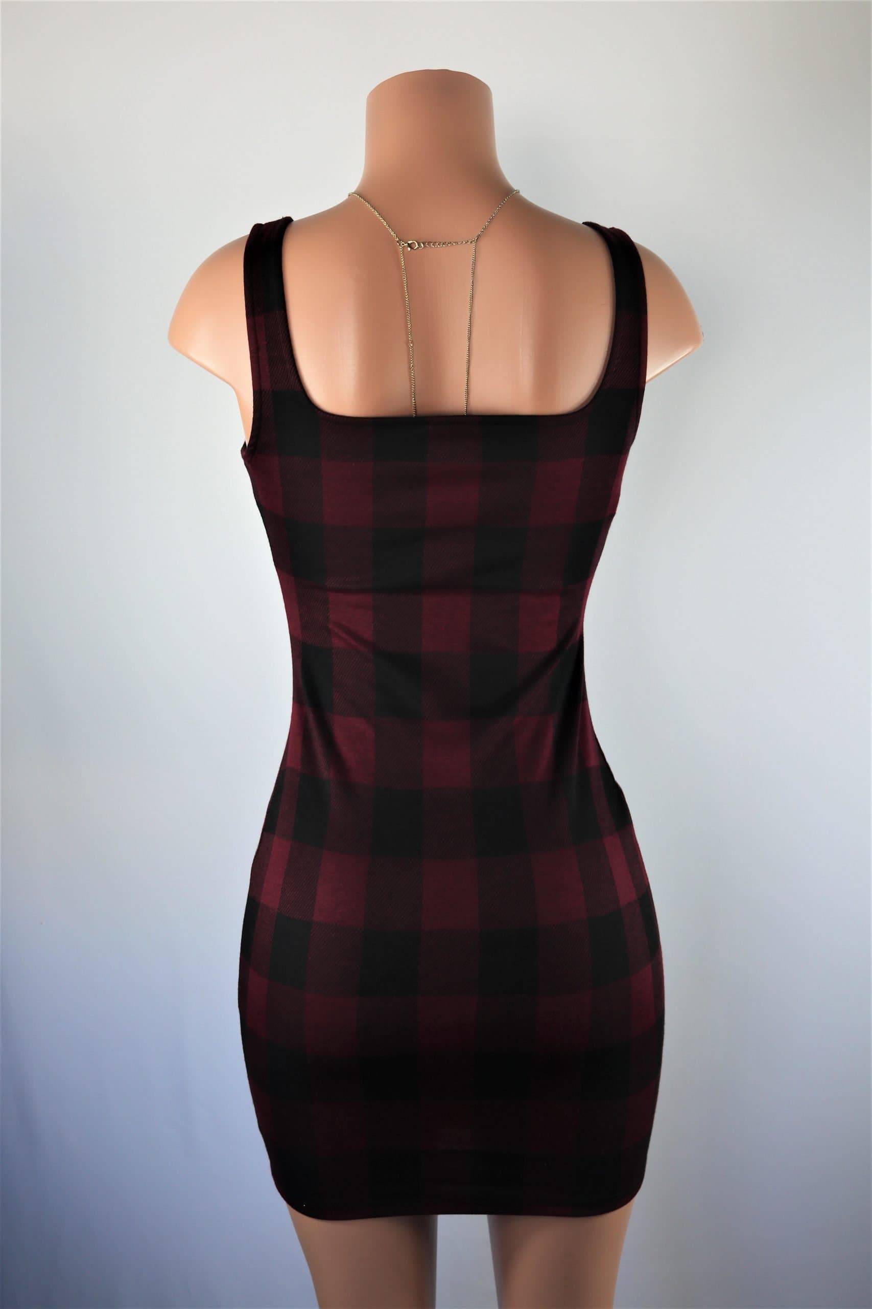 Plaid Dress - Plaid square neck sexy mini dress in Blue and Red.