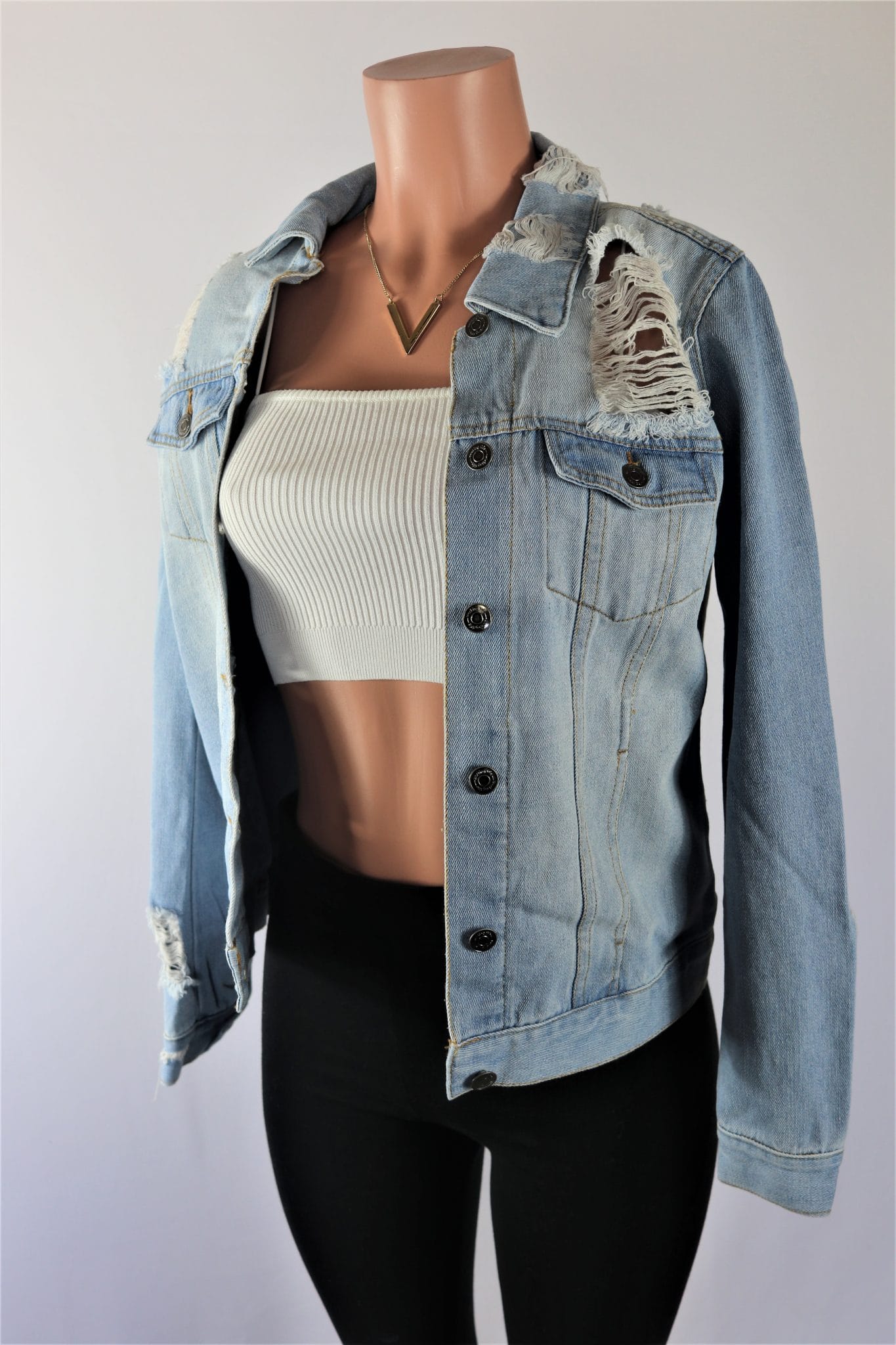 Distressed Jean Jacket Light blue cutout distress jean denim jacket.