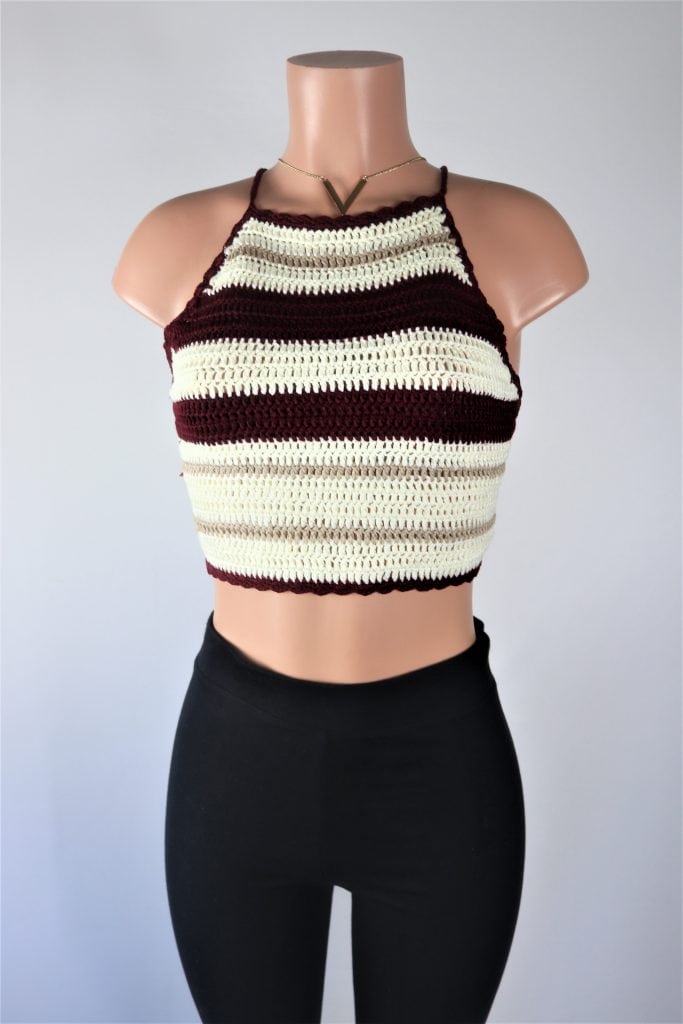 Crochet Stripe Crop Top - Tied back knitted burgundy stripe crop top.