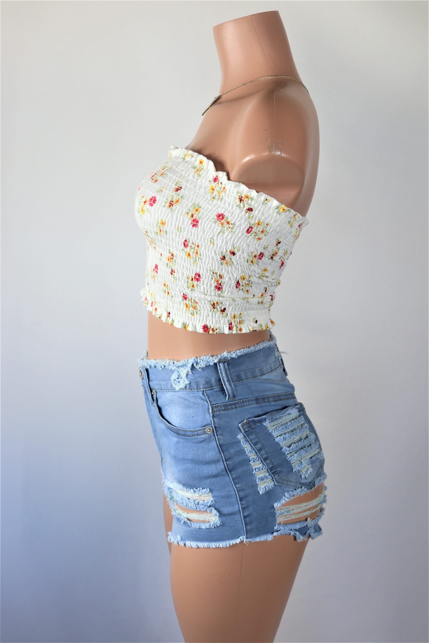 Tray Ripped Shorts High waisted light medium blue denim ripped shorts