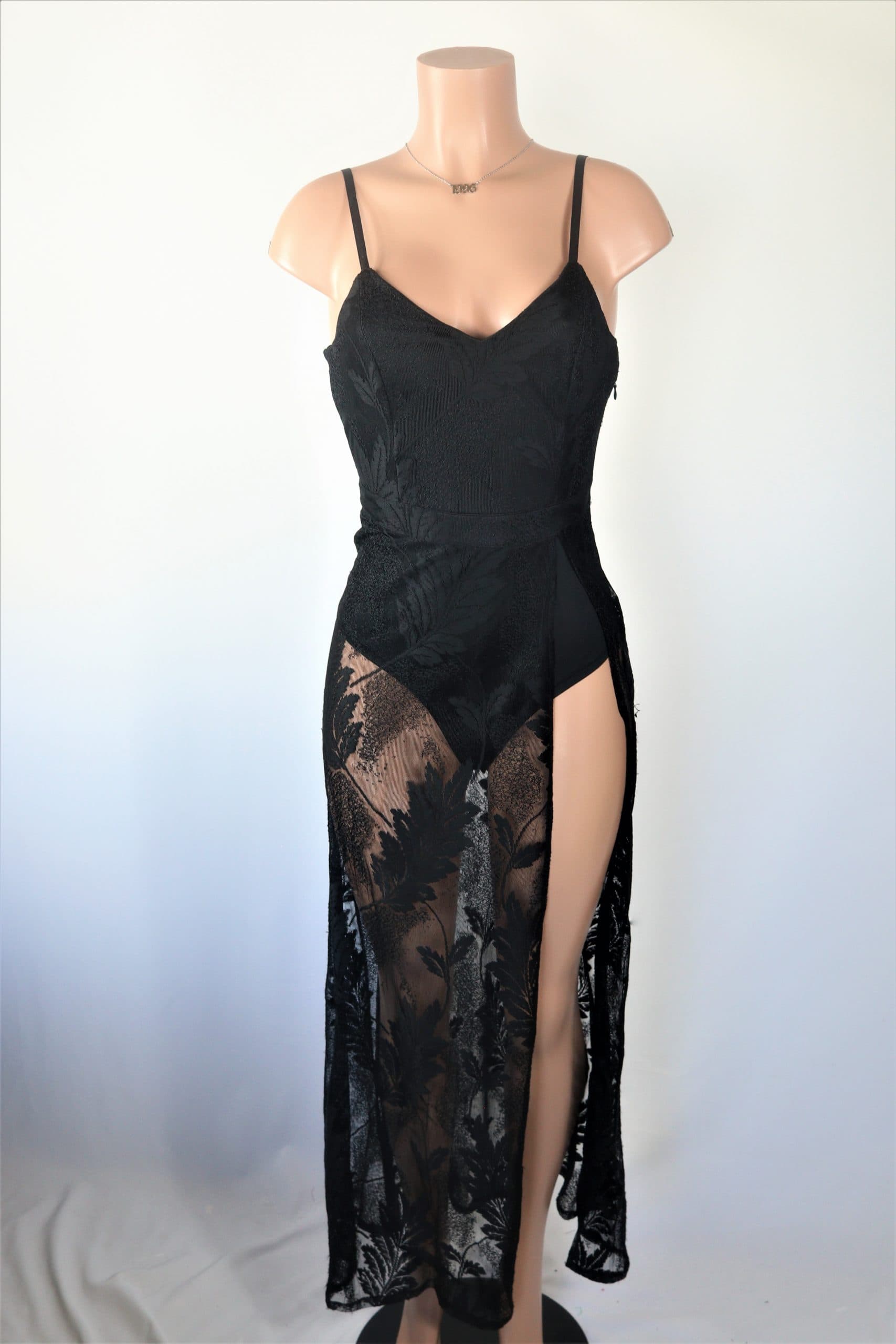 Lady Lace Dress - Black mesh long sexy bodysuit lace dress with slit.