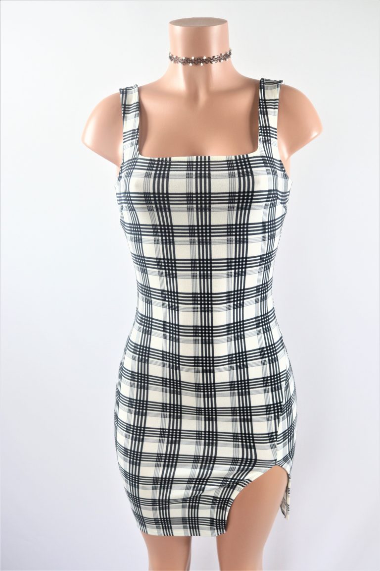 Sofie Plaid Dress Black and white plaid square neck mini dress with slit.