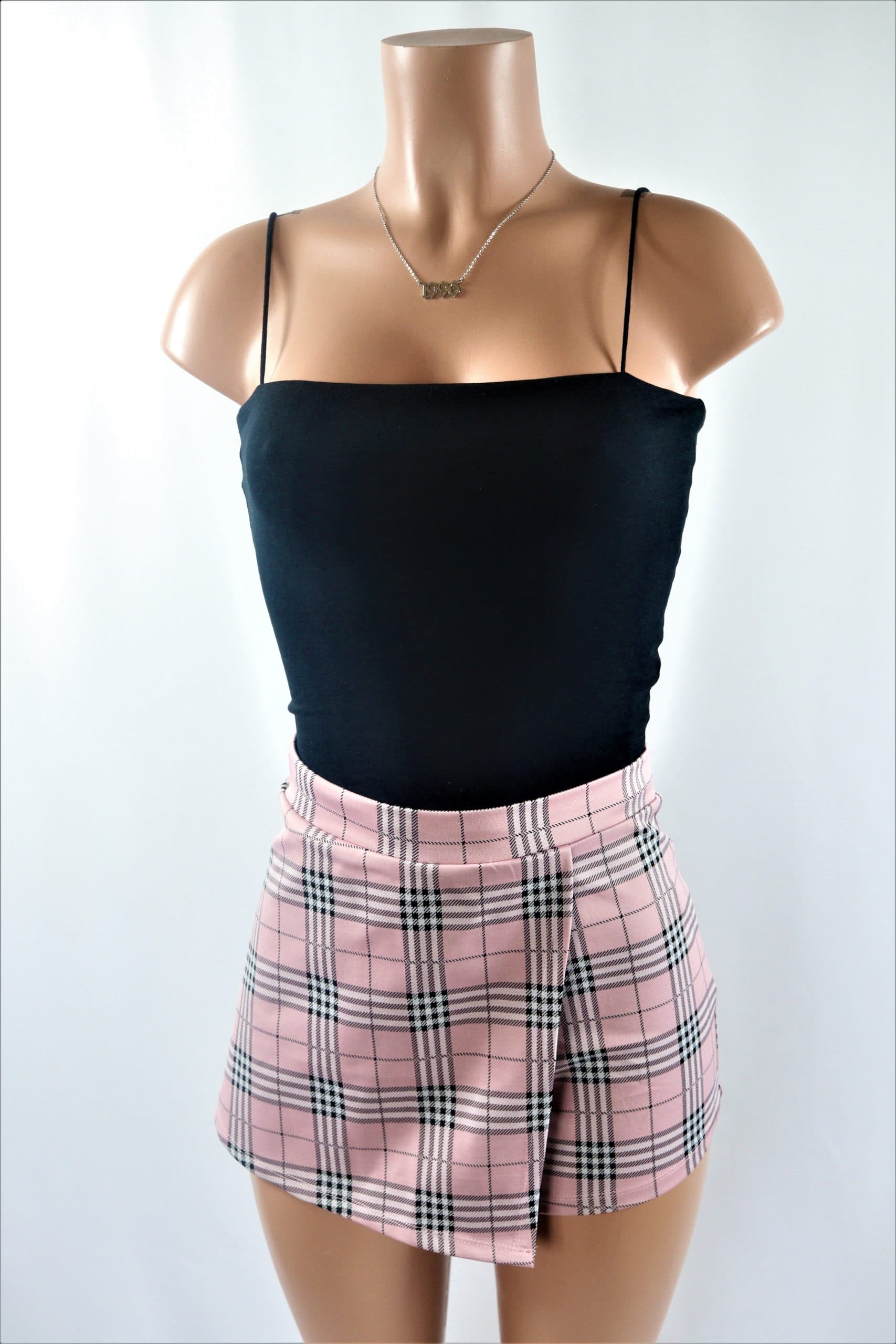 Hannah Plaid Skort - High rise plaid asymmetrical skort in Black Pink Blue.
