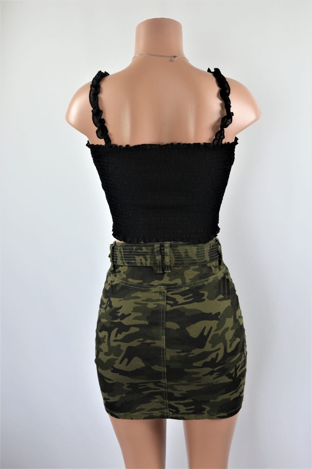 Belted Camo Skirt Multi green camouflage high waist mini skirt with belt.