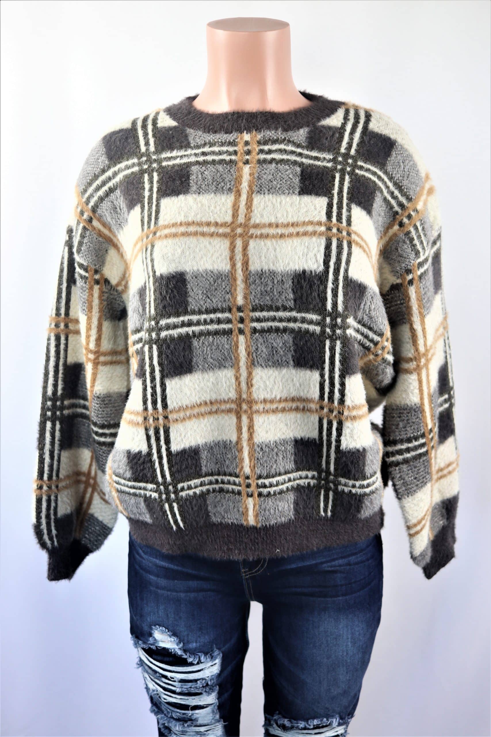 Fuzzy Checkered Sweater - NeedMyStyle