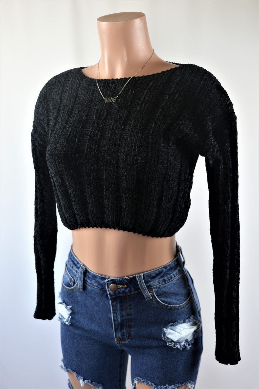 Chanel Crop Sweater Top - Chenille long sleeve wide neck soft crop top