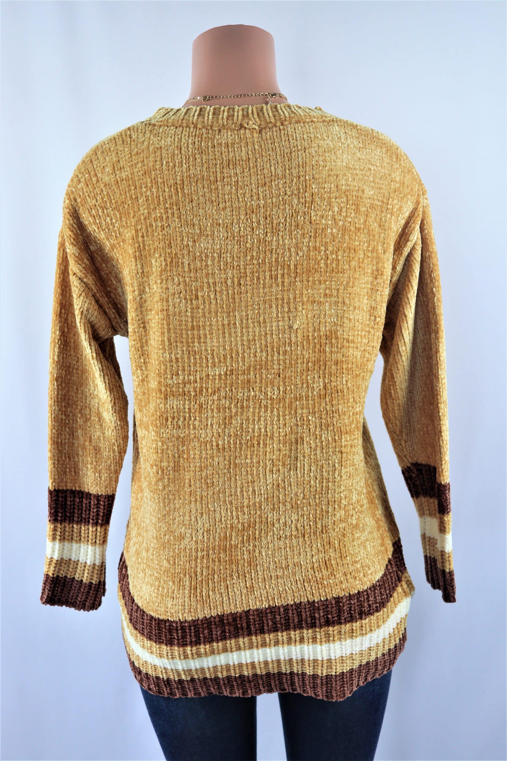 Camel Stripe Sweater - Multi color stripe long sleeve chenille sweater top.