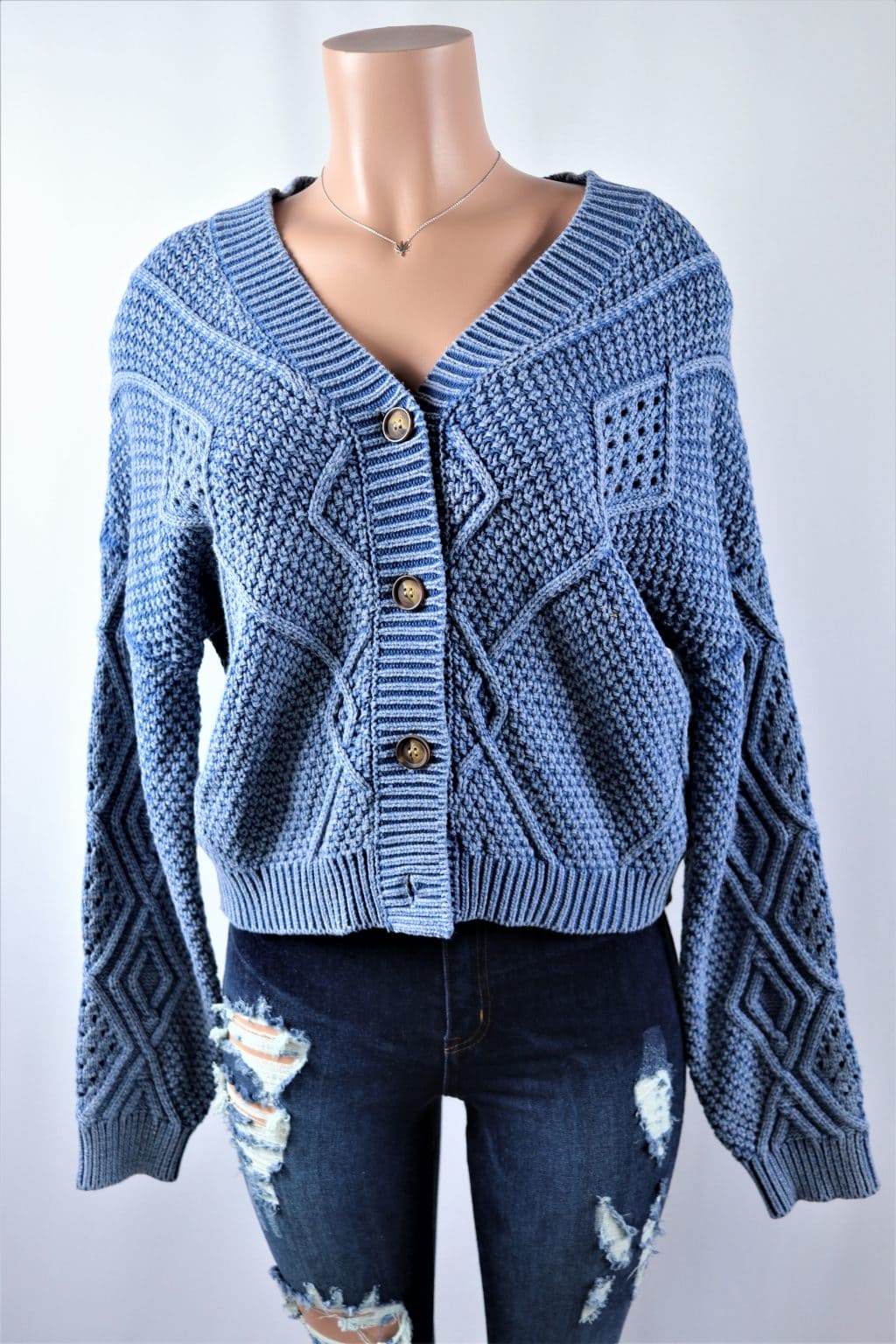 blue and cream cardigan