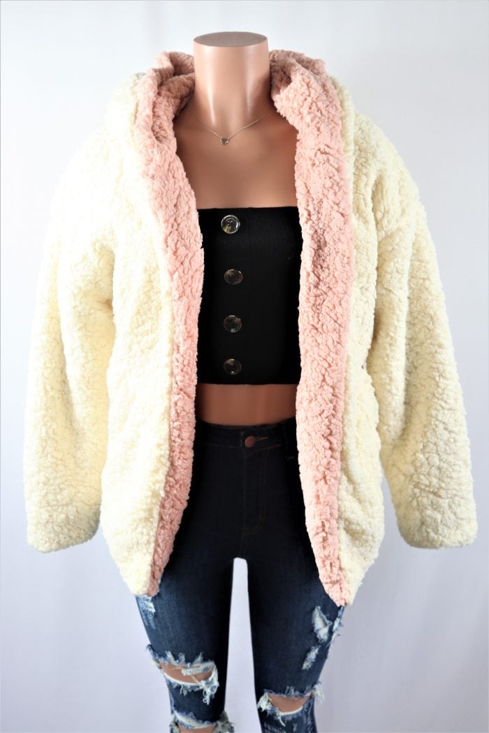 Two Tone Sherpa Jacket Blush Pink Ivory long sleeve soft hooded jacket.