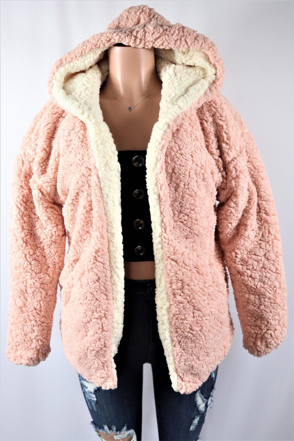 Two Tone Sherpa Jacket Blush Pink Ivory long sleeve soft hooded jacket.