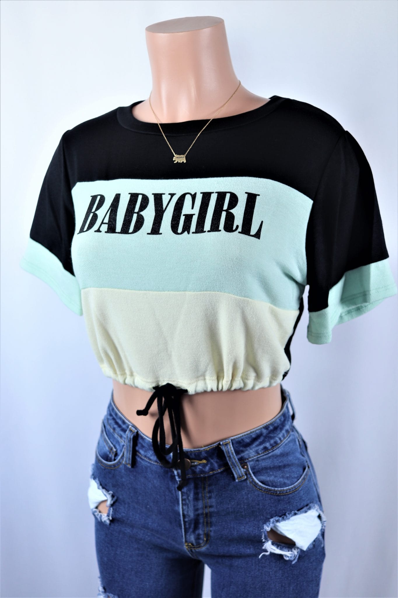 Babygirl Crop Top Color block short sleeve drawstring crop top.