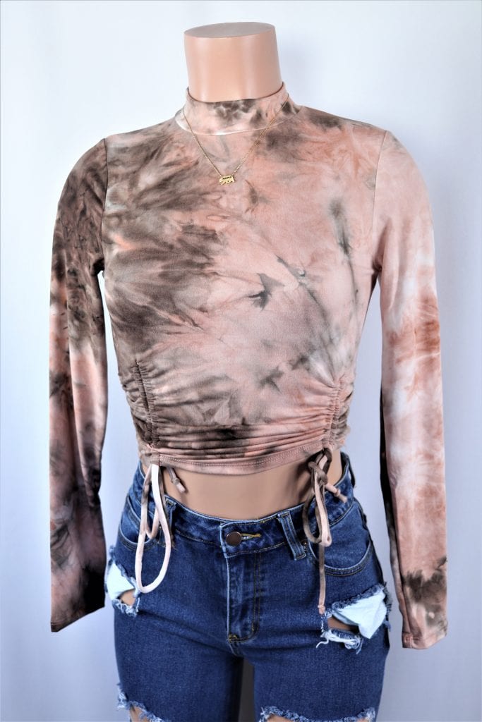 Download Tie Dye Ruche Crop Top - Mock neck pink long sleeve tie ...