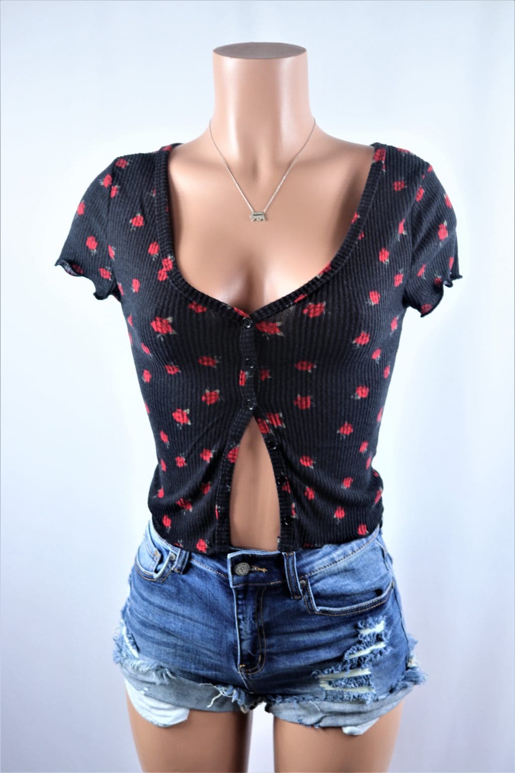 Brushed Rose Crop Top Black And Red Rose Print Button Up Crop Top