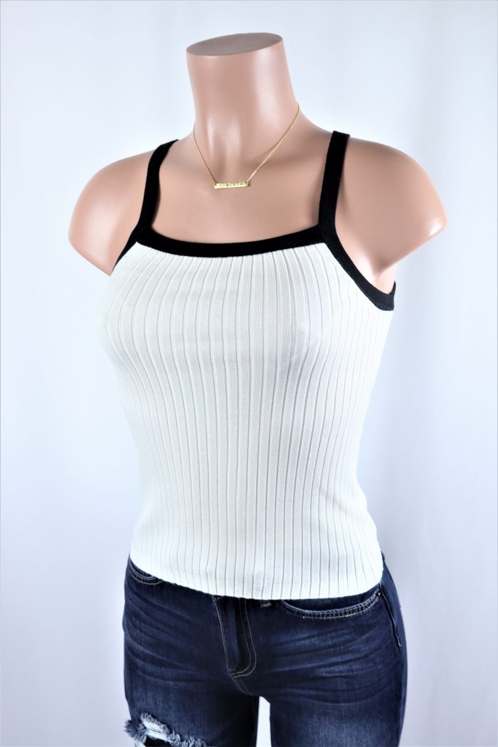 Rib Knit Top Black trim Ivory ribbed knit sleeveless top.