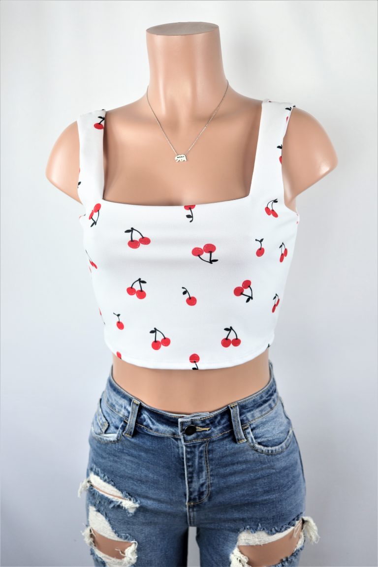 Cherry Square Crop Top - Square neck cherry print red and white crop top.