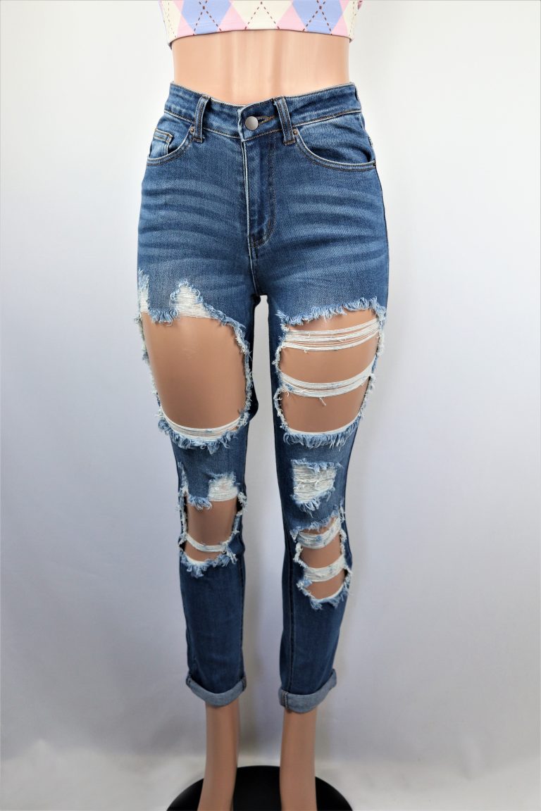 Landen Ripped Jeans - Blue high waist cuff distressed jeans
