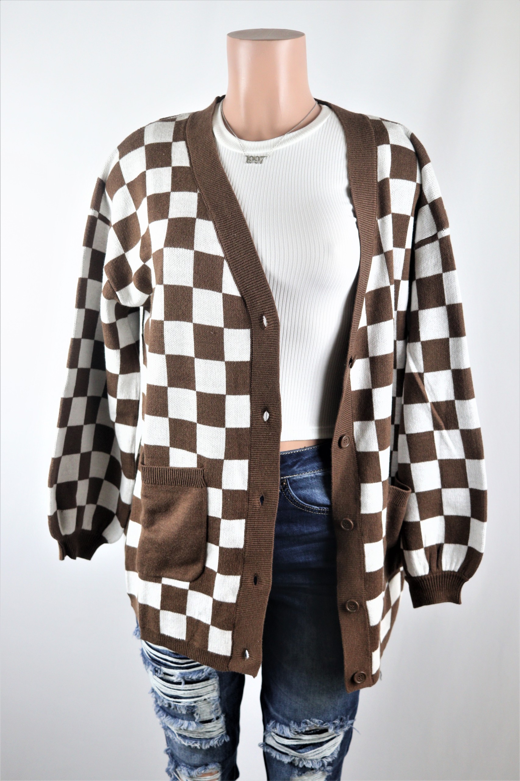 CHECKERED BROWN CARDIGAN